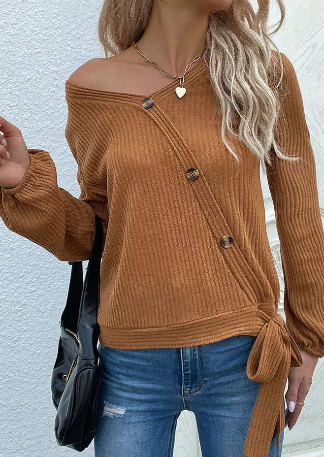 Side Button V-Neck Long Sleeve Sweater - Brown