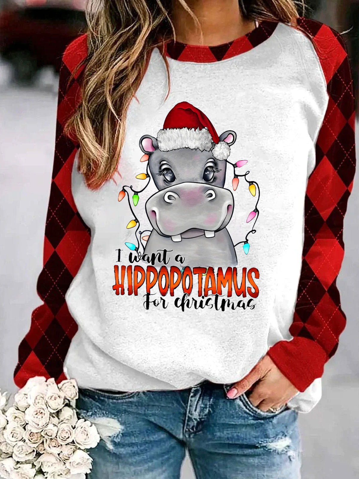 I Want A Hippopotamus For Christmas Plaid Long Sleeve Shirt