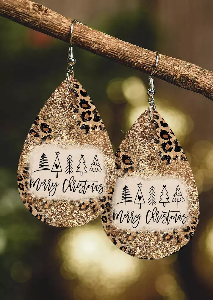Merry Christmas Tree Leopard Glitter Earrings