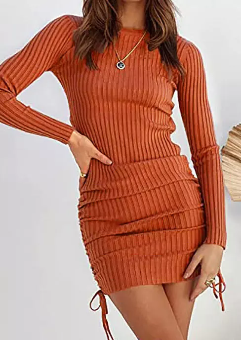 Drawstring Long Sleeve O-Neck Bodycon Dress - Orange