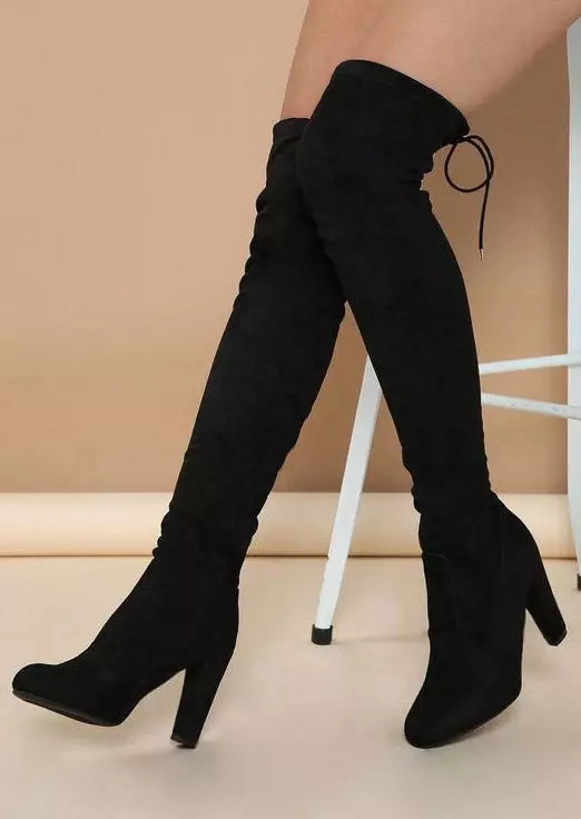 Tie Over Knee Heeled Boots - Black
