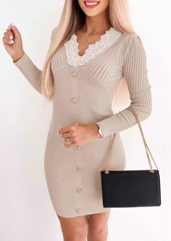 Lace Splicing Button V-Neck Knitted Bodycon Dress - Apricot