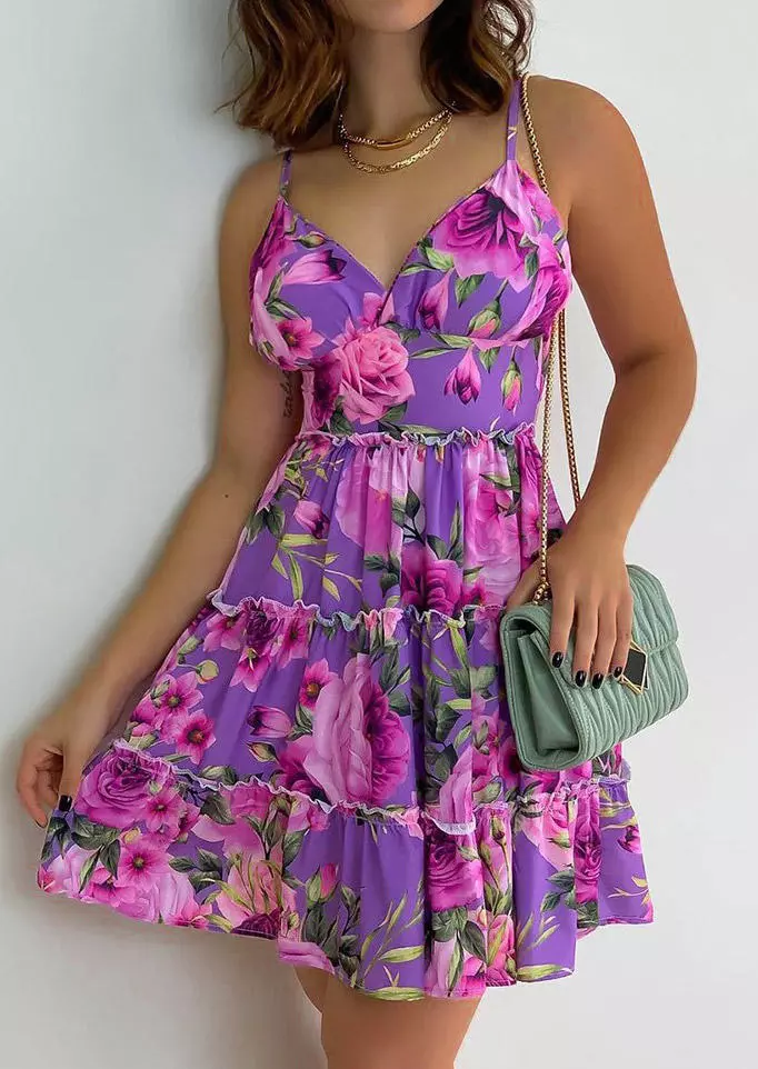 Floral Ruffled Spaghetti Strap Mini Dress