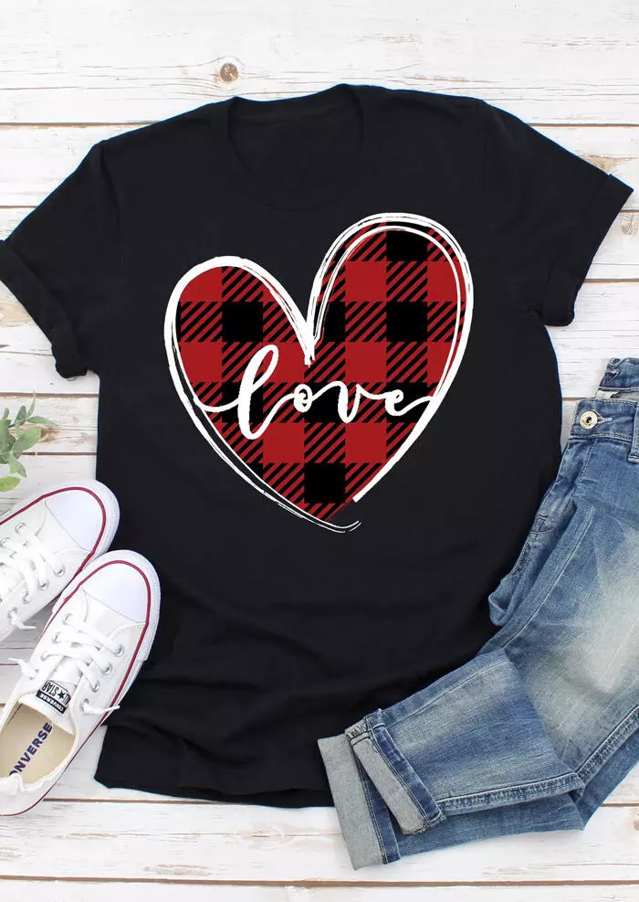 Love Heart Plaid O-Neck T-Shirt Tee