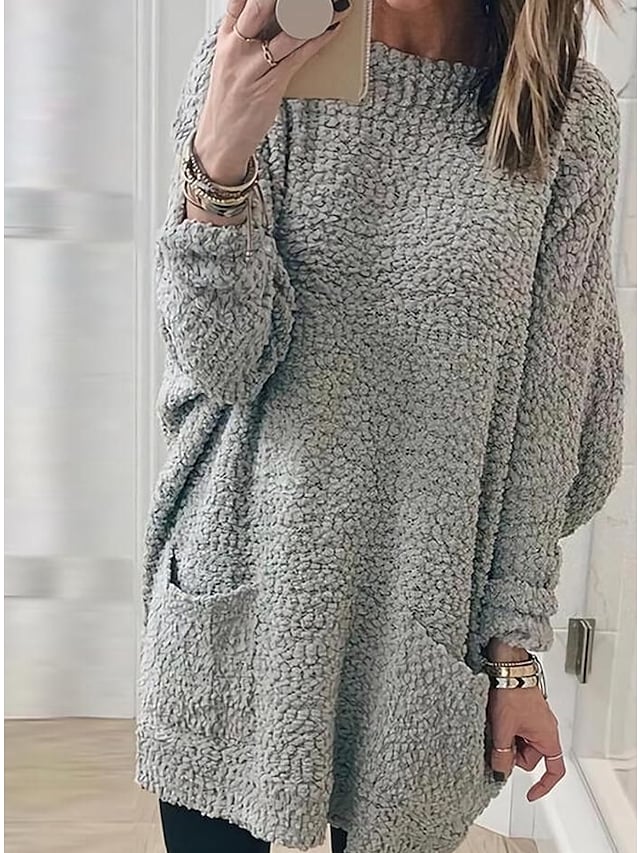 Pure Color Pocket Fall Winter Crew Neck Casual  Sweater Dress