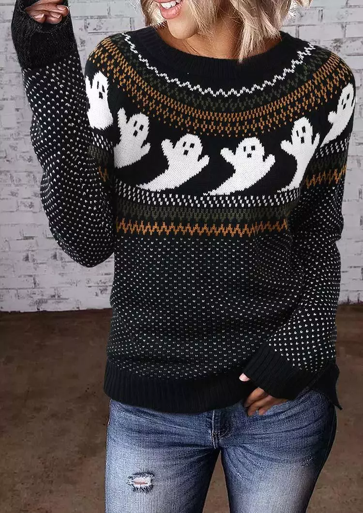 Halloween Ghost Long Sleeve O-Neck Sweater - Black