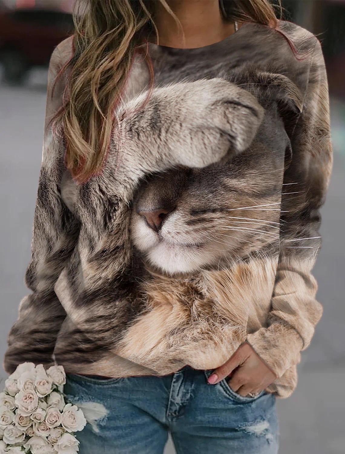 Women's Pullover Cat Print Casual Hoodies Sweatshirts