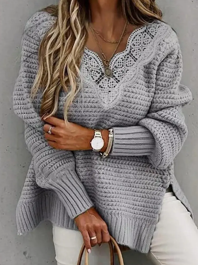 Contrast Lace Split Hem Long Sleeve Sweater Knit Top