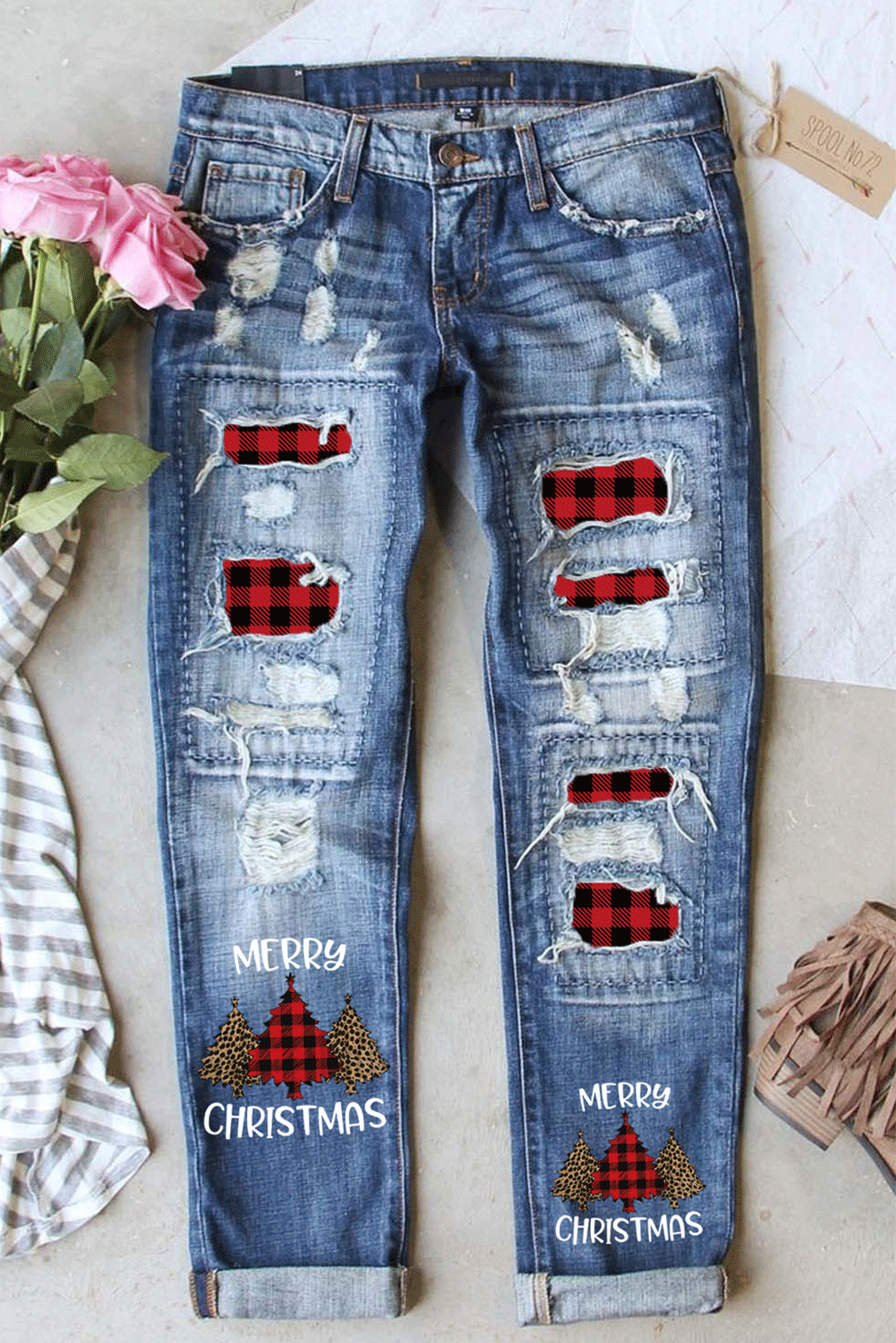 Christmas Plaid Ripped Jeans