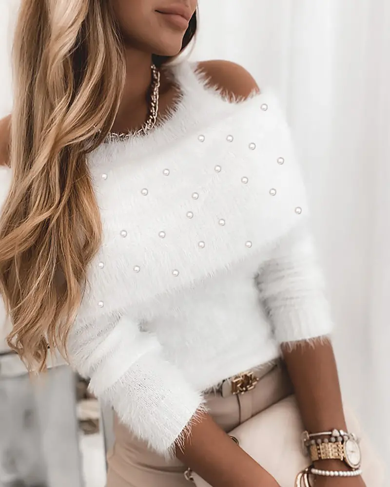 Cold Shoulder Beaded Fluffy Sweater