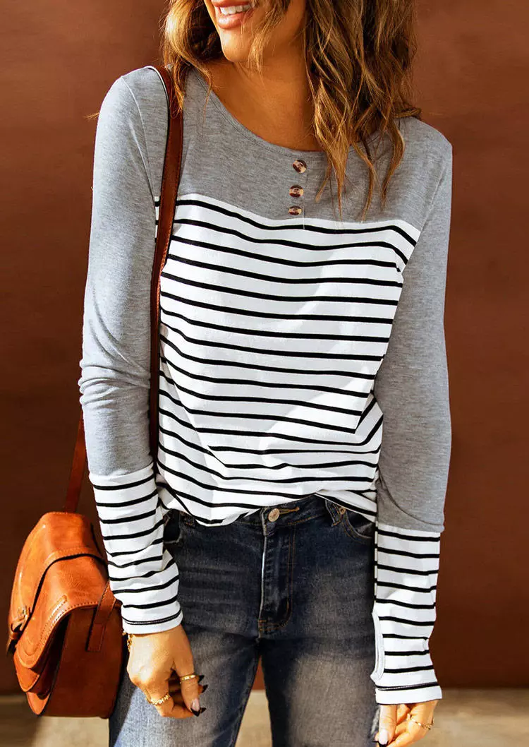 Striped Splicing Button Long Sleeve Blouse