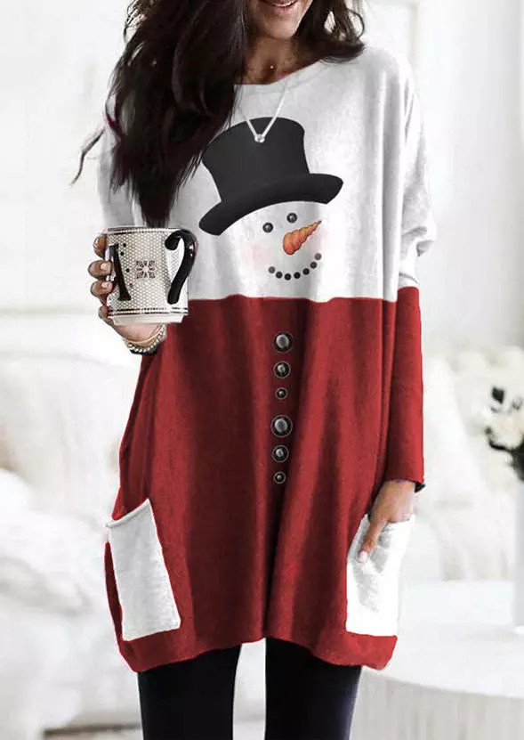 Snowman Pocket Color Block Mini Dress - Red