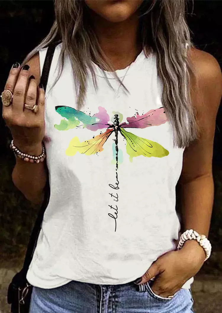 Let It Be Abstract Dragonfly O-Neck Tank - White