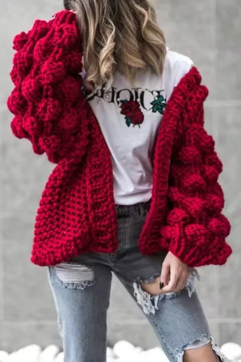 Women's Cardigan Solid Color Puff Sleeves Warm Sweater Coats