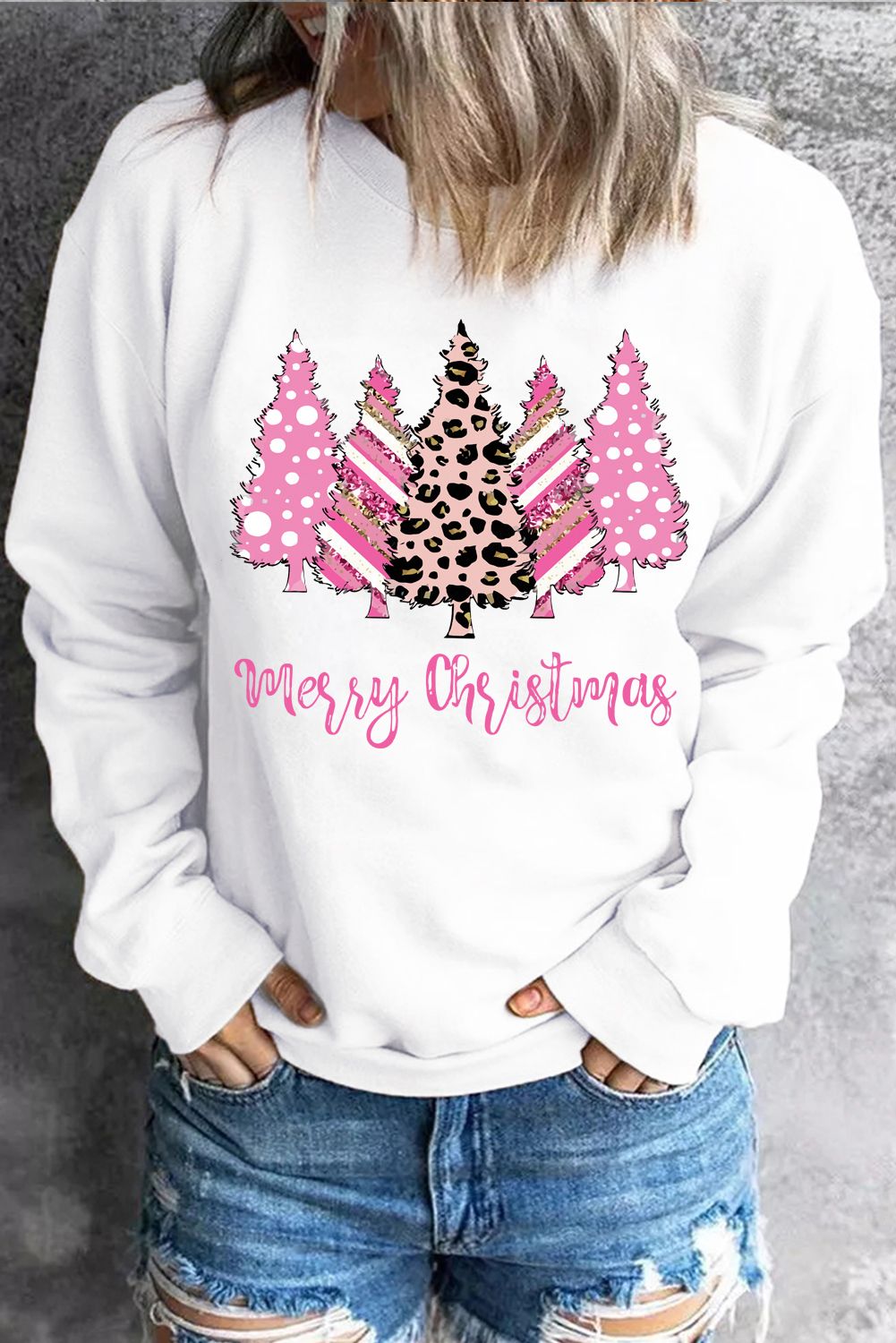 Pink Christmas Tree Round Neck Shift Casual pullover sweatshirt
