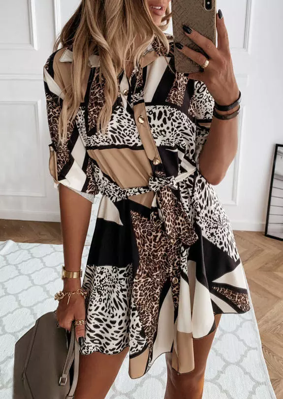 Leopard Button Tab-Sleeve Turn-down Collar Mini Dress