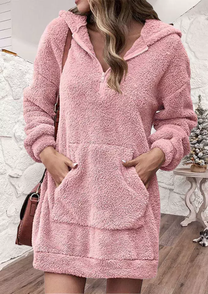 Zipper Kangaroo Pocket Fuzzy Hoodie Mini Dress