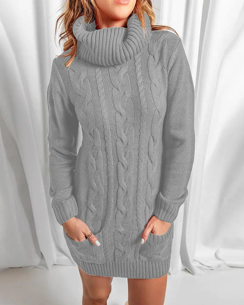 Long Sleeve Turtleneck Cable Knit Sweater Dress-Gray