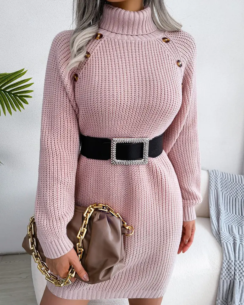 Long Sleeve Buttoned High Neck Sweater Dress-Pink
