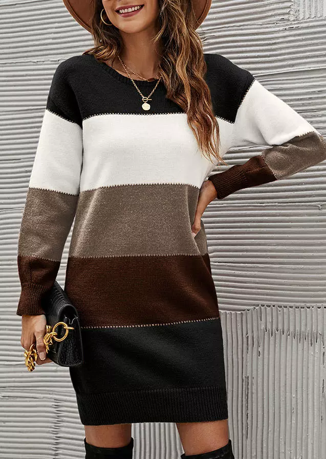 Color Block O-Neck Sweater Mini Dress