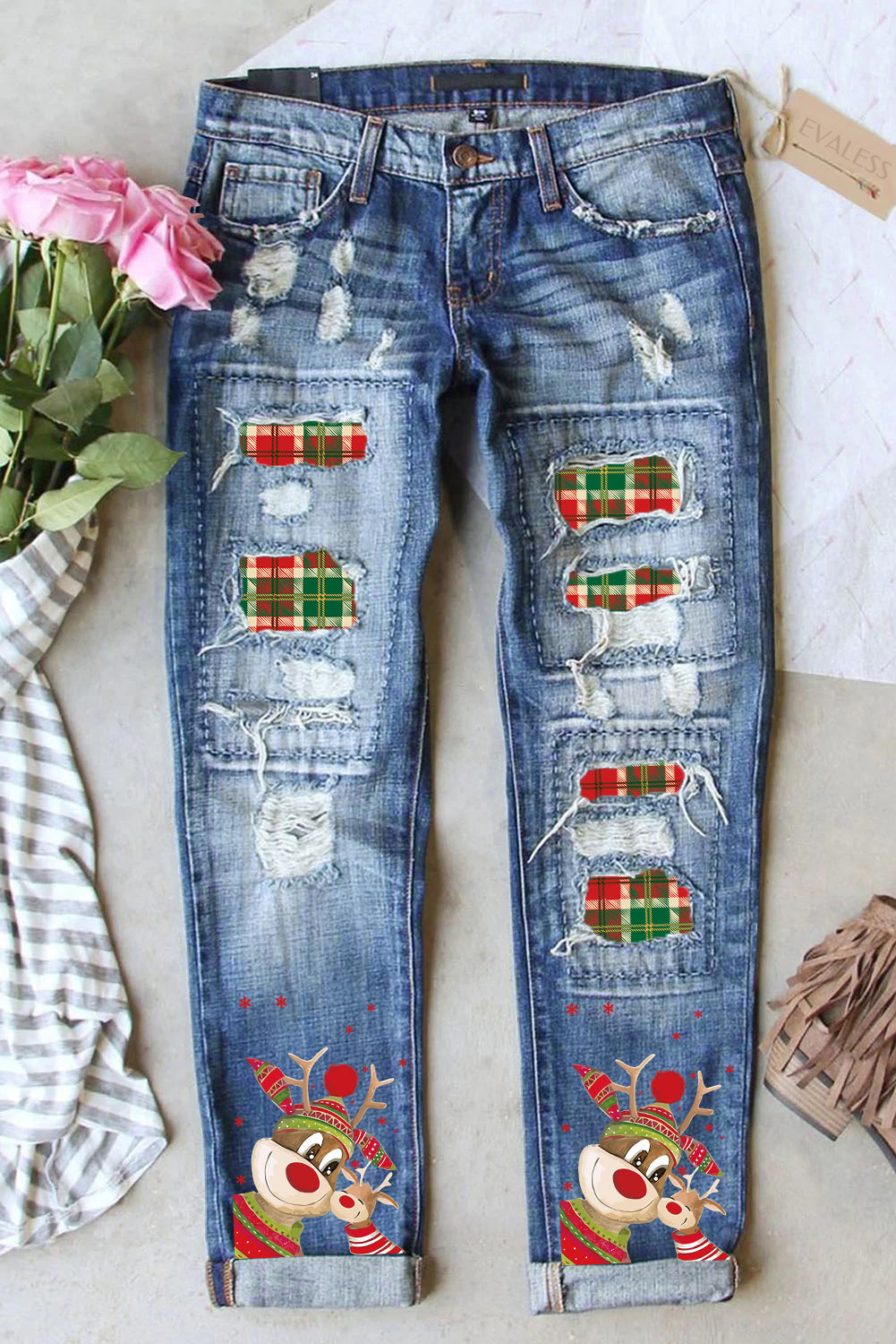 Christmas Elk Plaid Solid Shift Casual Ripped Jeans