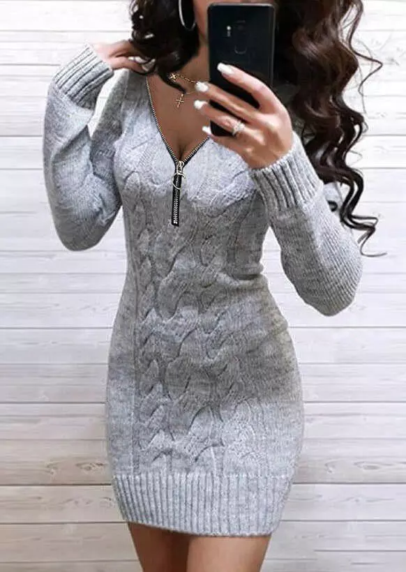 Crochet Zipper Collar Sweater Mini Dress