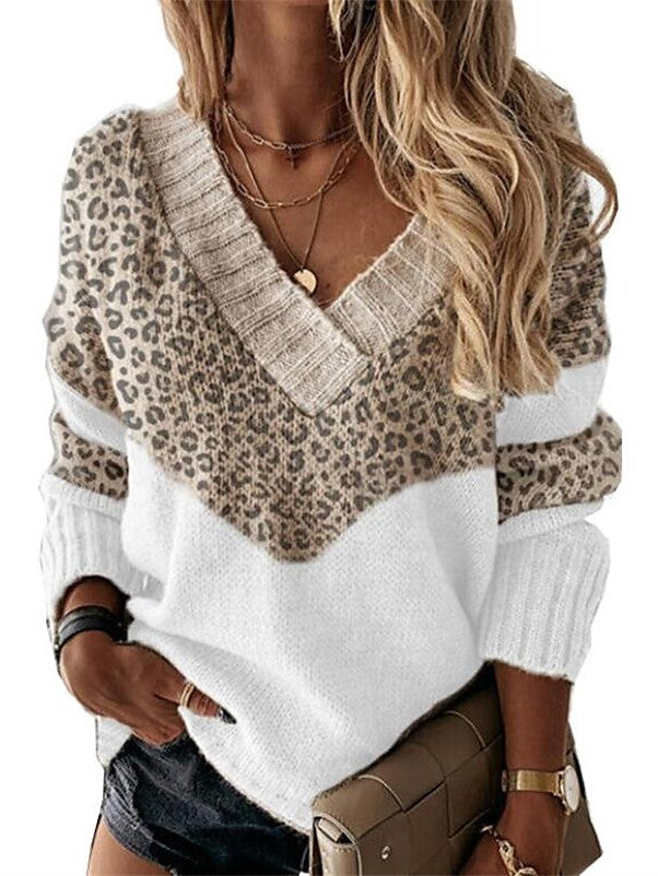 Women's Pullover Sweater Jumper Patchwork Print Leopard Knit Top