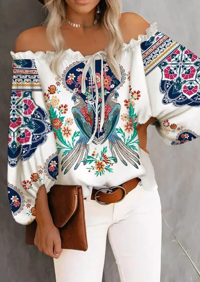 Floral Tie Ruffled Off Shoulder Blouse - White