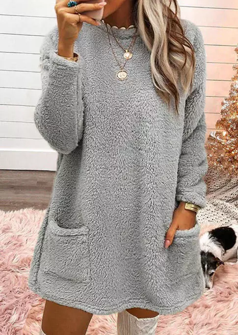 Plush Pocket Long Sleeve O-Neck Sweater Dress 