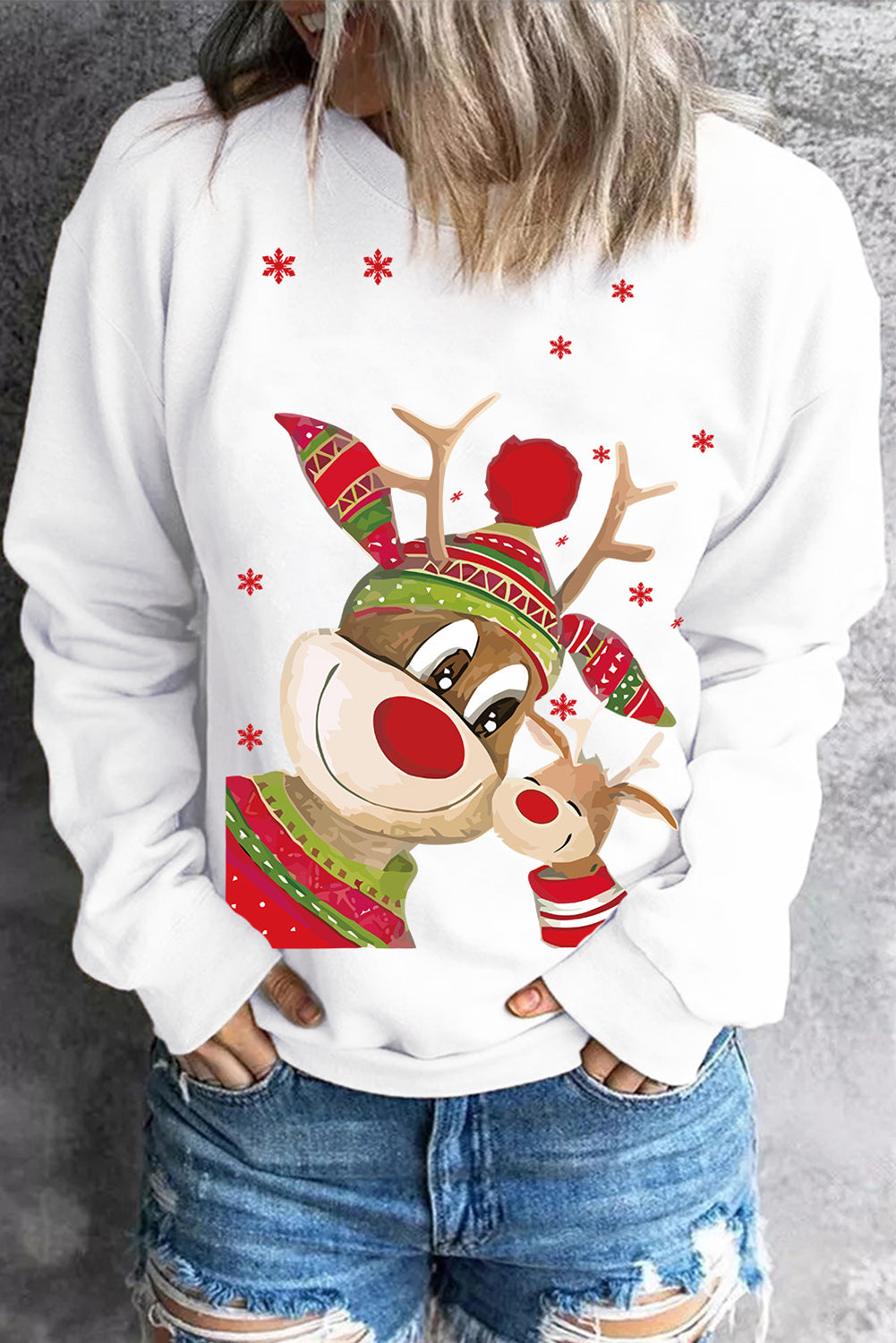 Christmas Elk Solid Round Neck Shift Casual sweatshirt