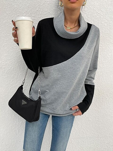 Women's Sweatshirt Pullover Basic Gray Color Block Street Pile Neck Long Sleeve