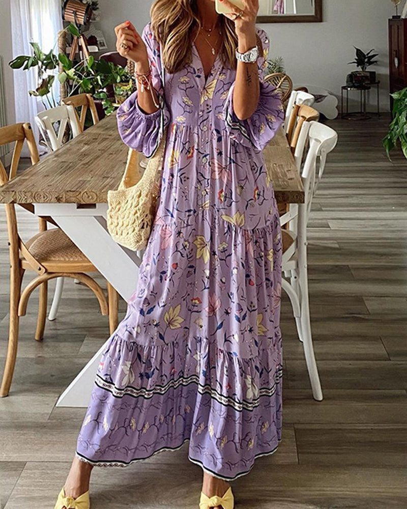 Women's Purple V-neck Flower Print Long Sleeve Dress