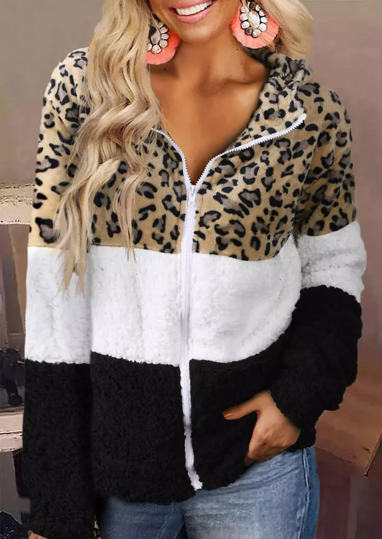 Color Block Leopard Fuzzy Zipper Hooded Coat