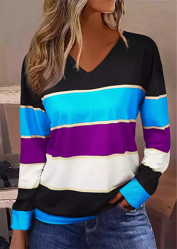 Color Block Long Sleeve V-Neck Blouse