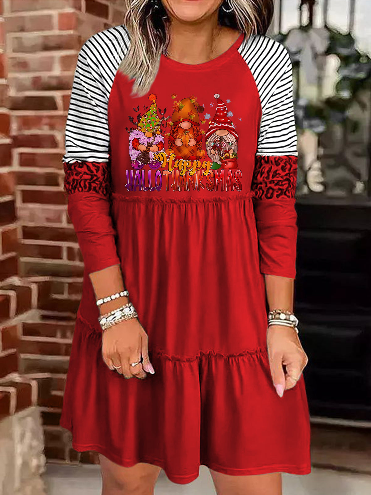 Happy Hallothanksmas Gnomes Print Long Sleeve Dress