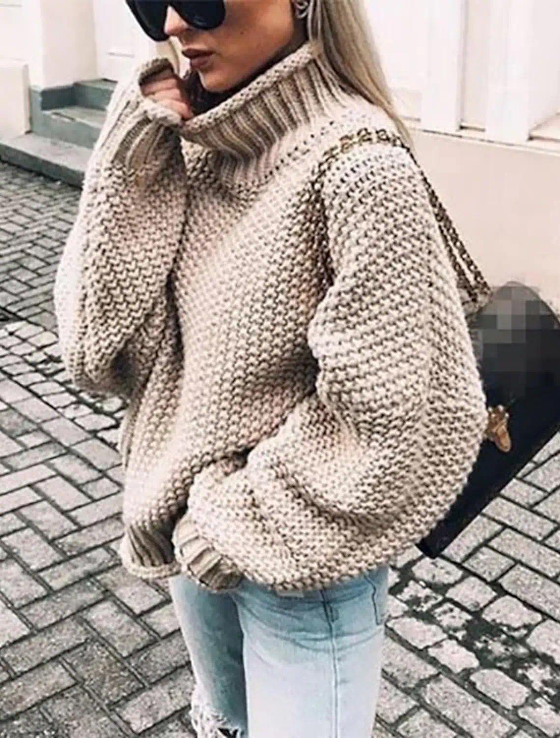 Women's Pullover Sweater Jumper Knitted Solid Color Basic Casual Chunky Long Sleeve Loose Sweater Cardigans Turtleneck