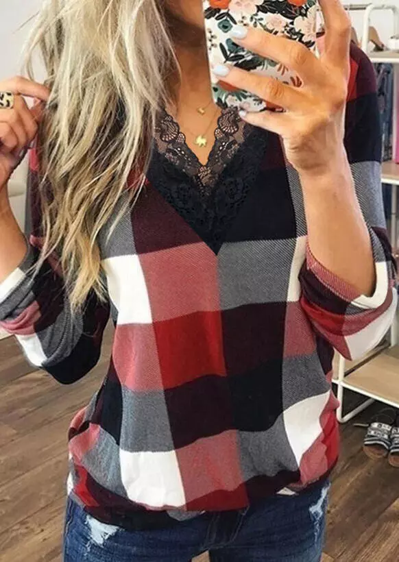 Plaid Lace Splicing V-Neck Long Sleeve Blouse
