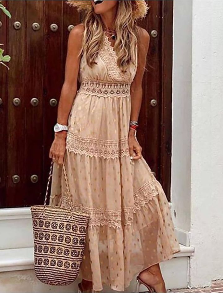 Sleeveless Solid Color Lace Patchwork  Elegant Sexy Boho