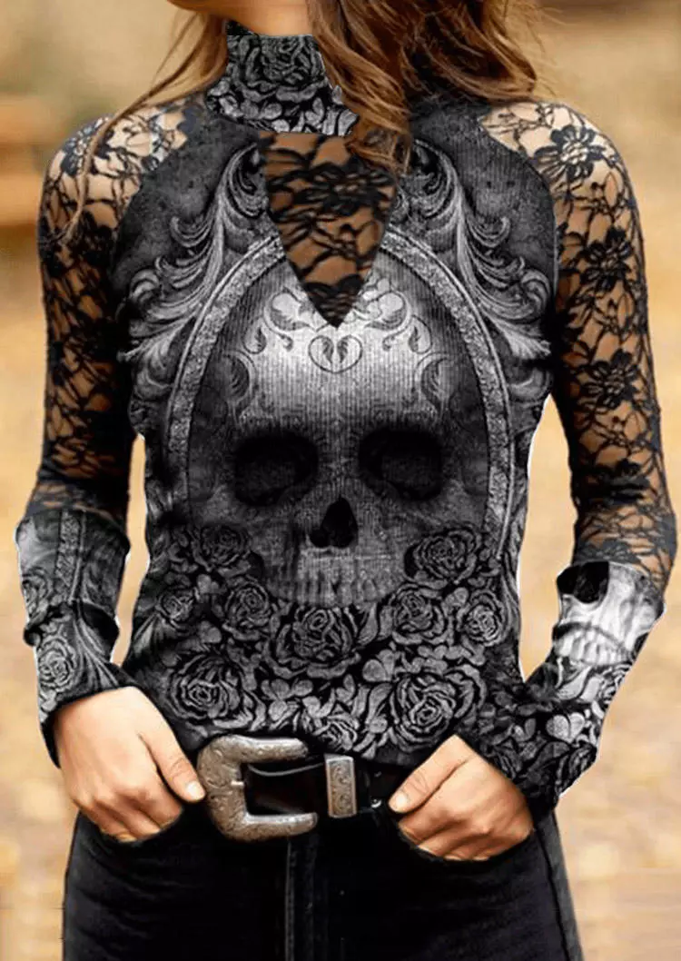  Halloween Skull Rose Lace Splicing Blouse - Black
