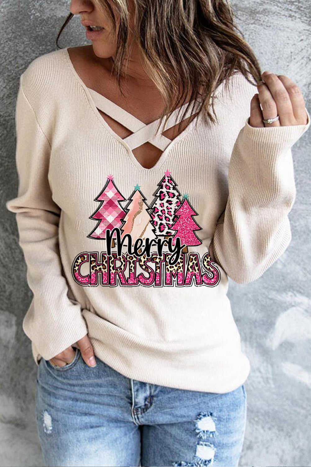 Pink Christmas Tree Solid V Neck Shift Casual Sweater