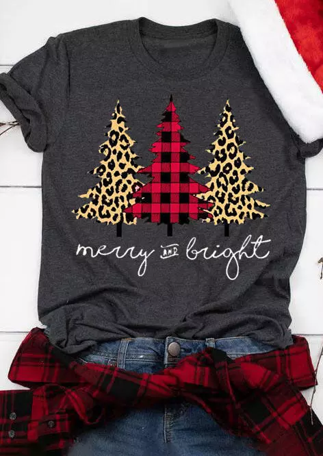  Plaid Leopard Tree Merry And Bright T-Shirt Tee 