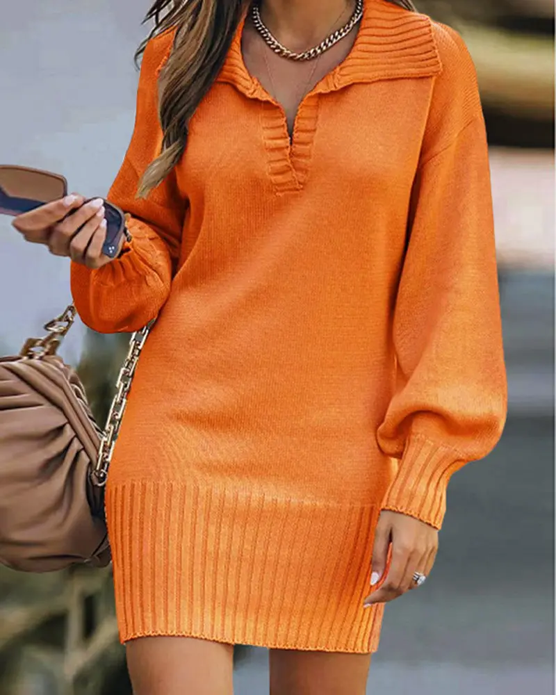 Lantern Sleeve Knit Sweater Dress-Orange