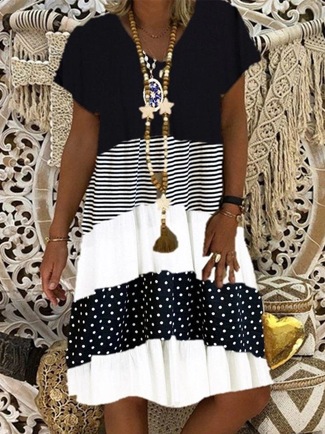 Women Striped Polka Dot Short Sleeve V-neck Midi Dress