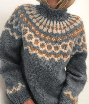 Vintage Print High Neckline Knit Top Sweaters