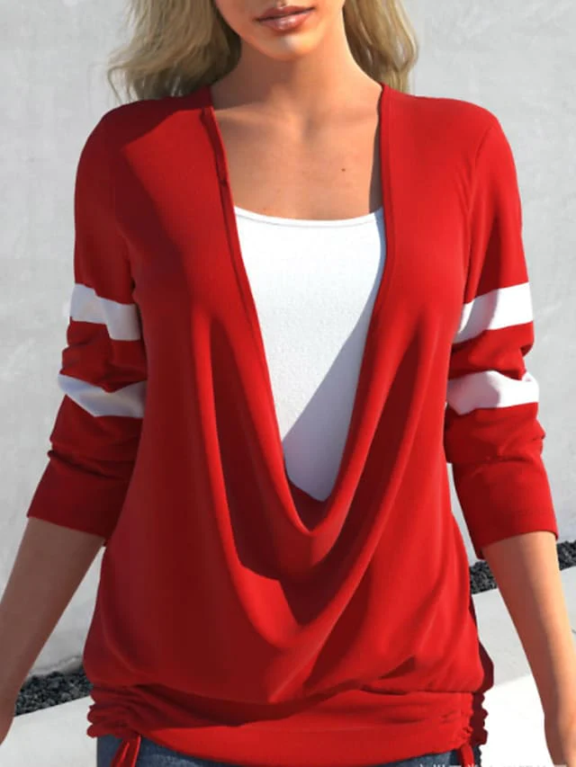 Women's Sweatshirt Pullover Basic Christmas Fuchsia Red Navy Blue Stripes Christmas V Neck Long Sleeve