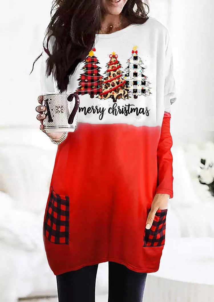Merry Christmas Tree Gradient Plaid Leopard Pocket Mini Dress