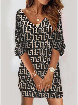 Print Long Sleeves Shift Above Knee Casual Tunic Dresses