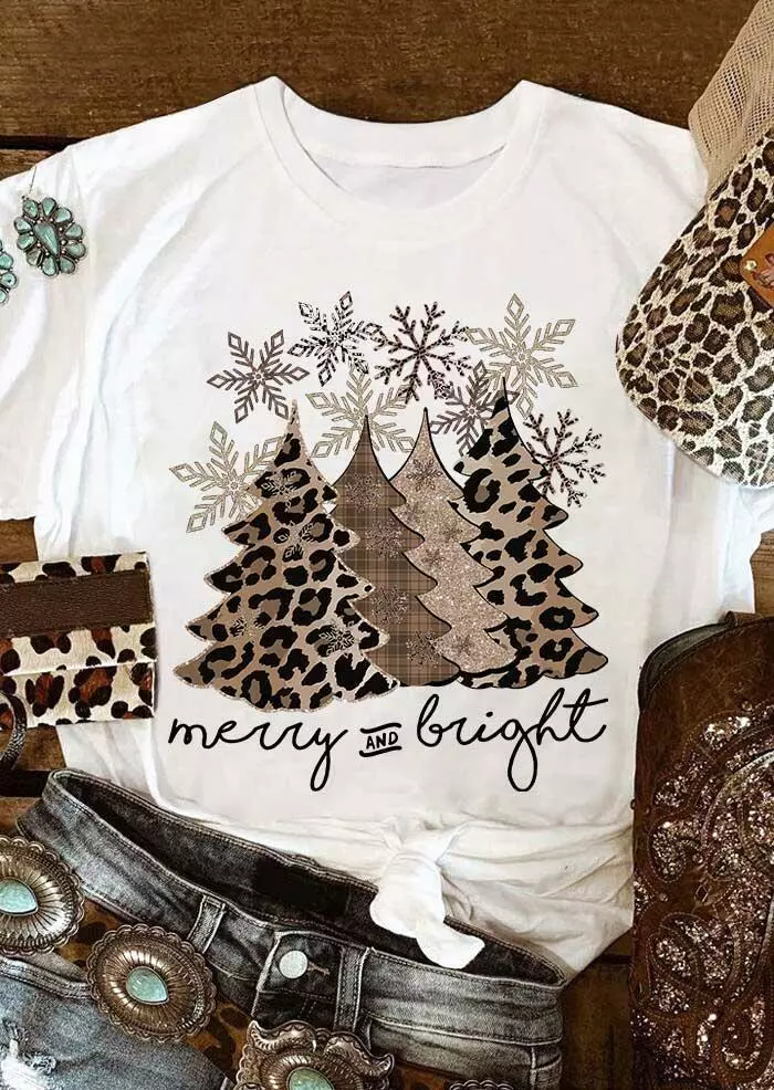 Leopard Christmas Tree Snowflake Merry And Bright T-Shirt Tee