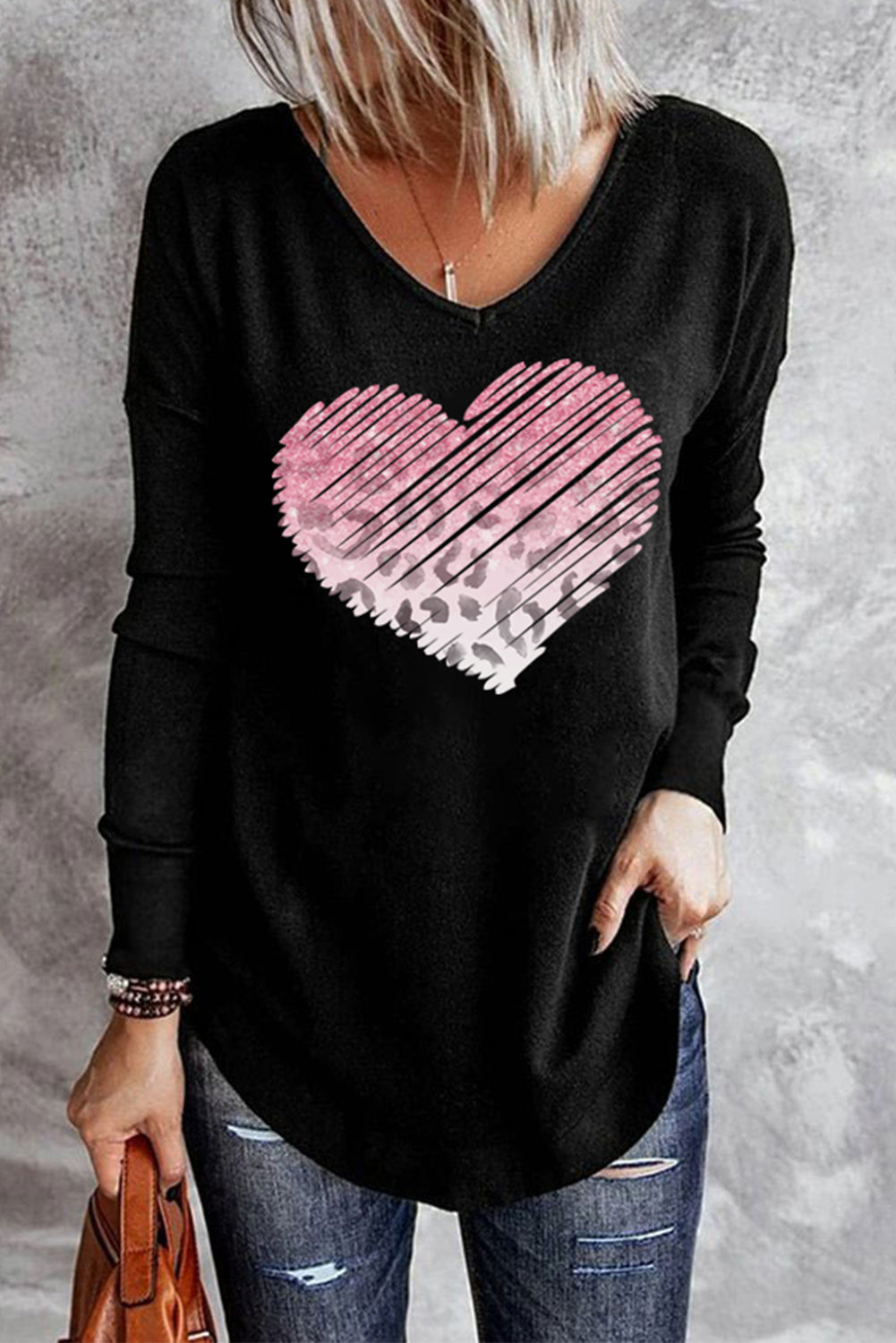 Solid Heart-shaped Pink Leopard V Neck Shift Casual Blouse