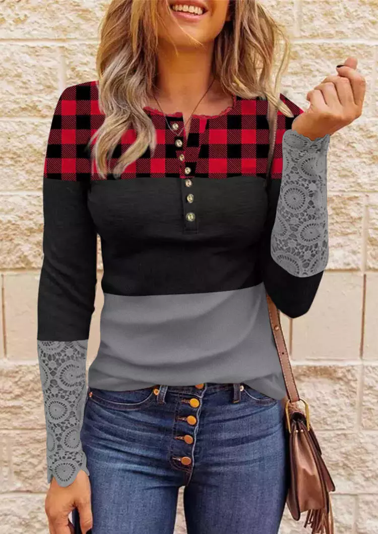 Lace Buffalo Plaid Splicing Hollow Out Blouse